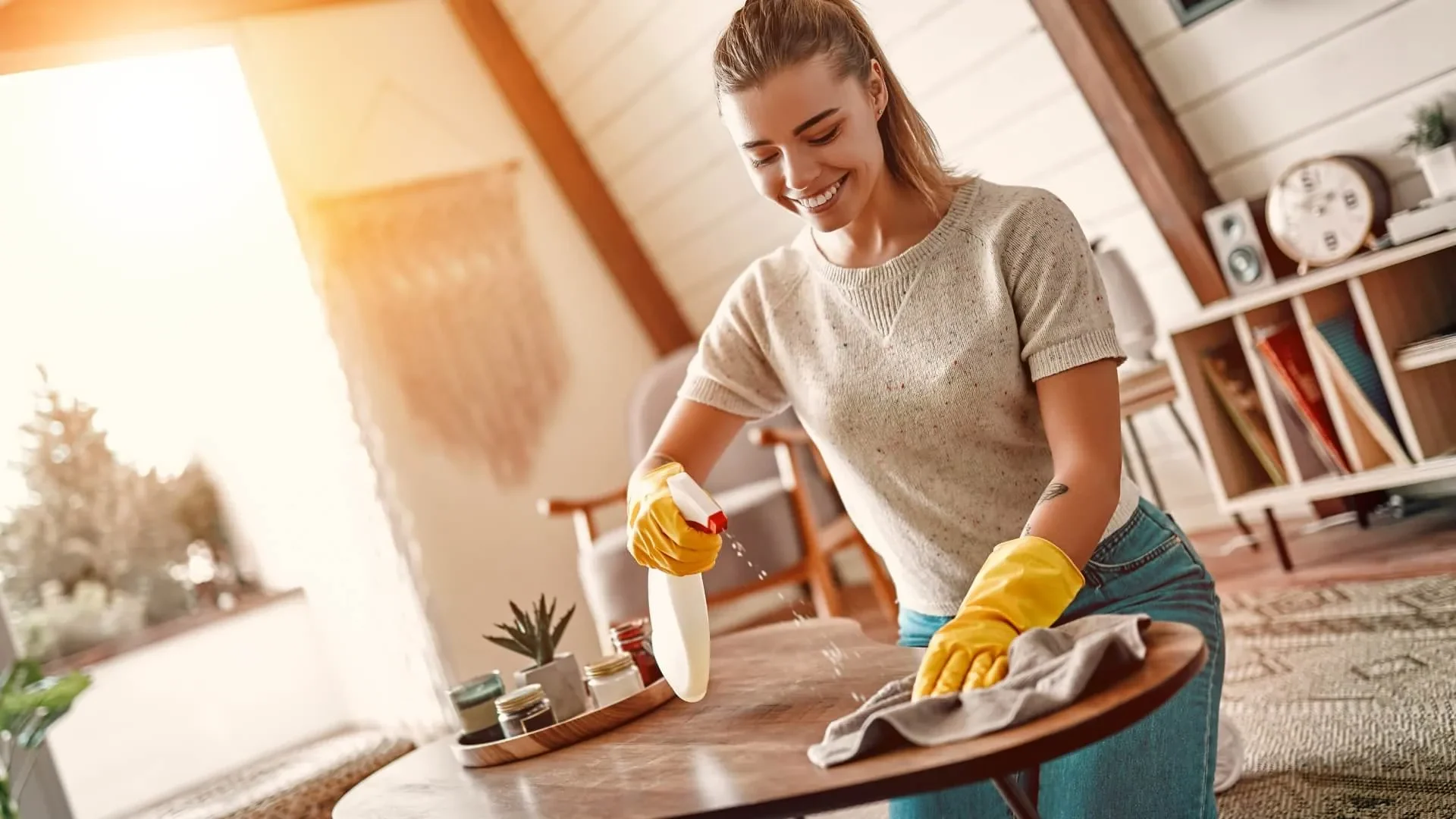 Woman cleaning a wooden table as part of an allergen free home routine