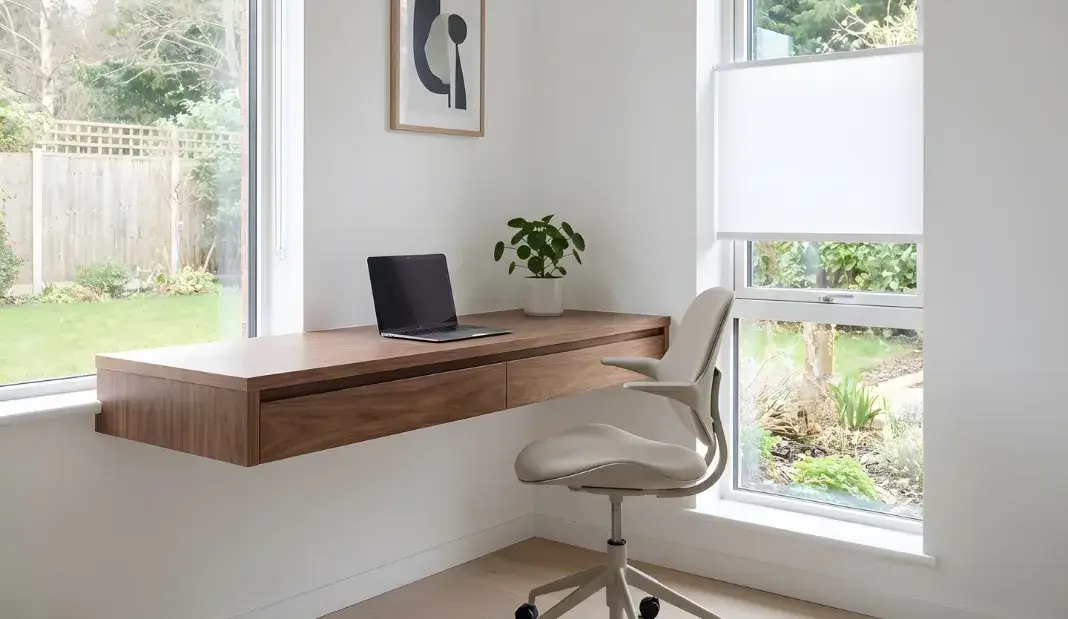Minimalist home office with natural light designed to support an allergen free home.