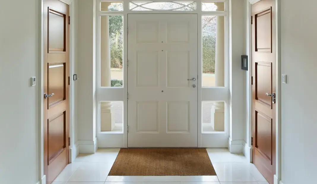 Clean and bright home entryway with white door and natural lighting.