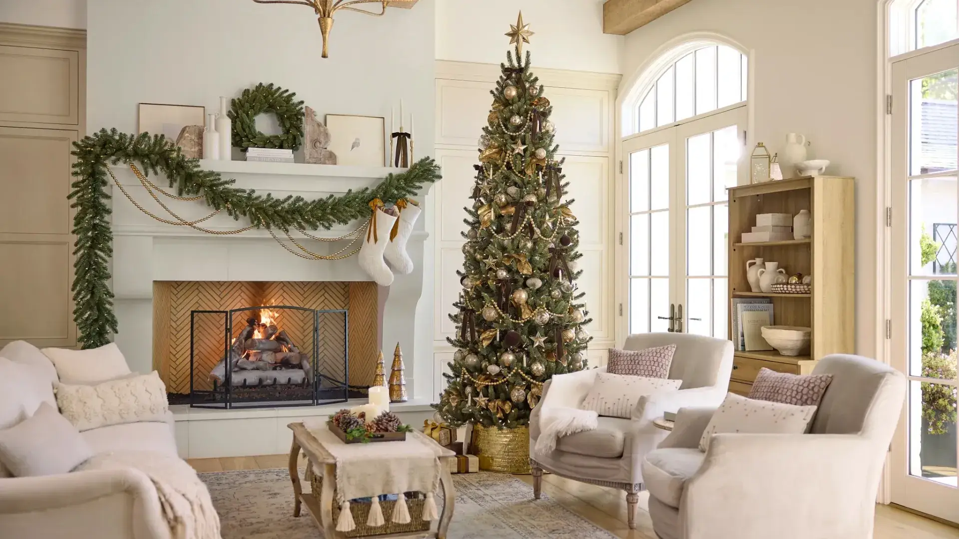 Beautiful holiday living room with Christmas tree and fireplace, showcasing a clean and organized space for holiday cleaning.