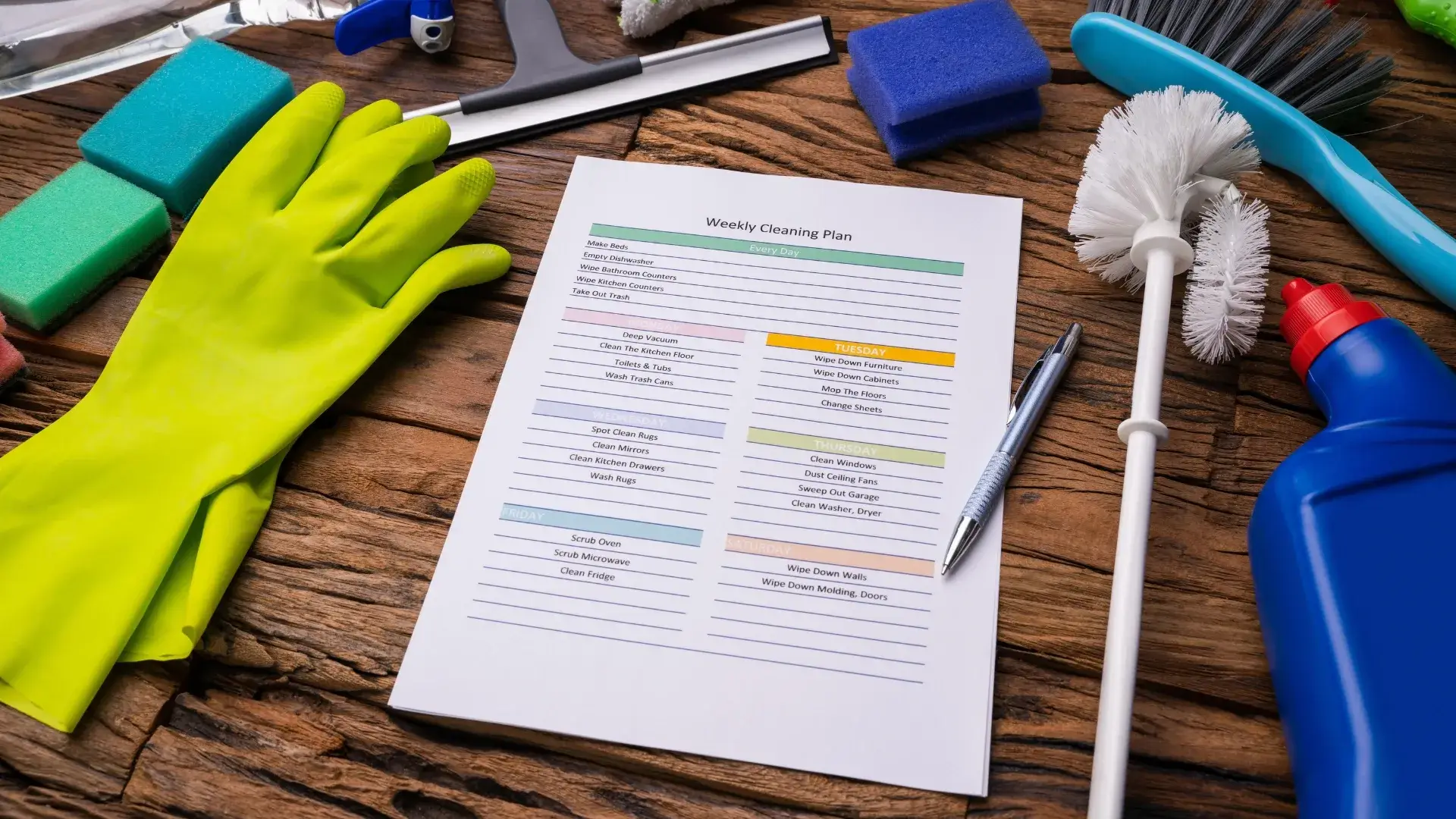 Weekly cleaning checklist surrounded by cleaning supplies for an effective seasonal cleaning routine